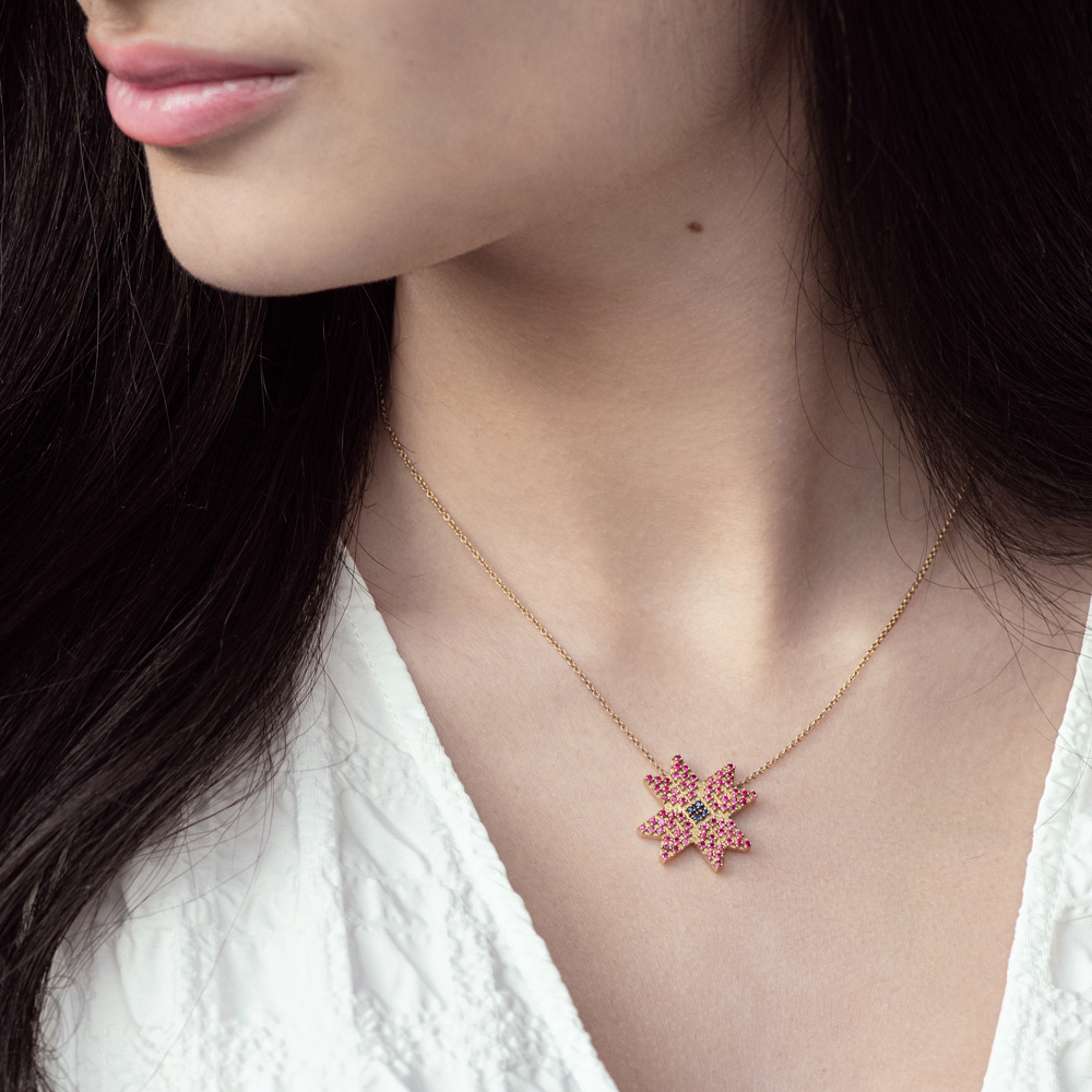 Tatreez Moon of Bethlehem Necklace with Sapphires and Rubies in 18K Gold